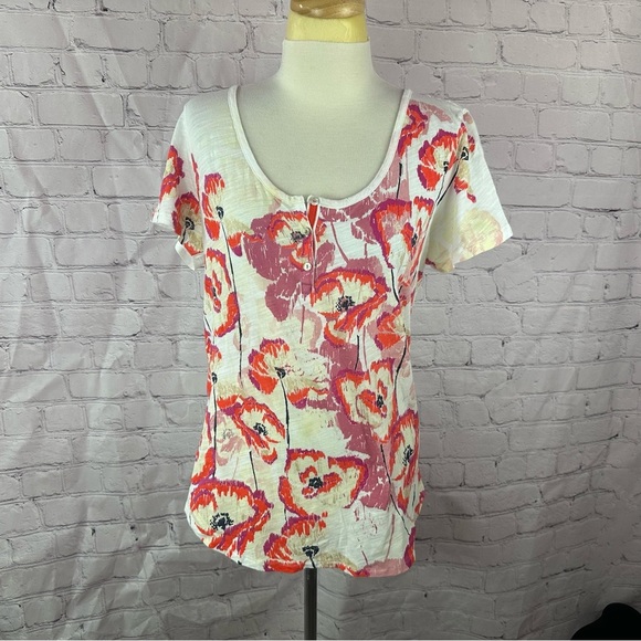 lucky brand boho floral Short Sleeve Buttoned Tee sz XL 100% cotton - Picture 1 of 8